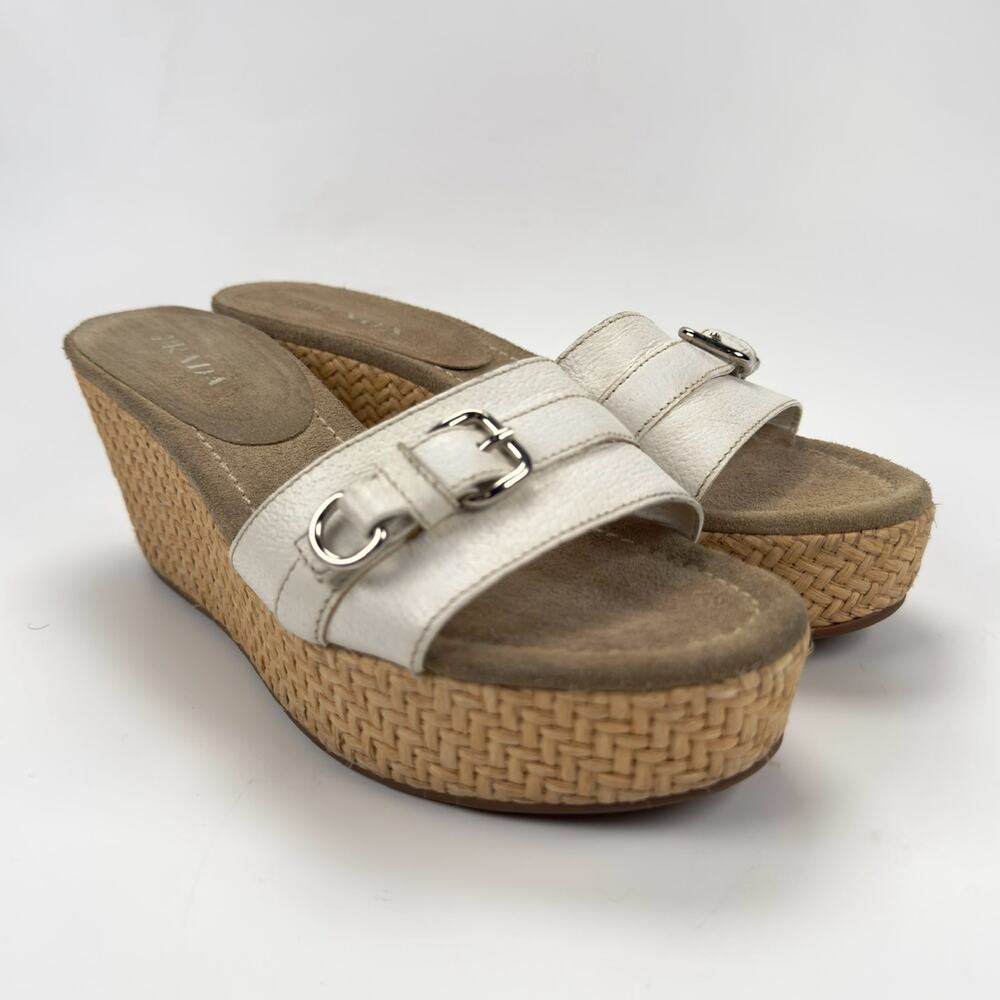 Prada Cream Leather Wedge Sandals with Silver Buckle Accents
